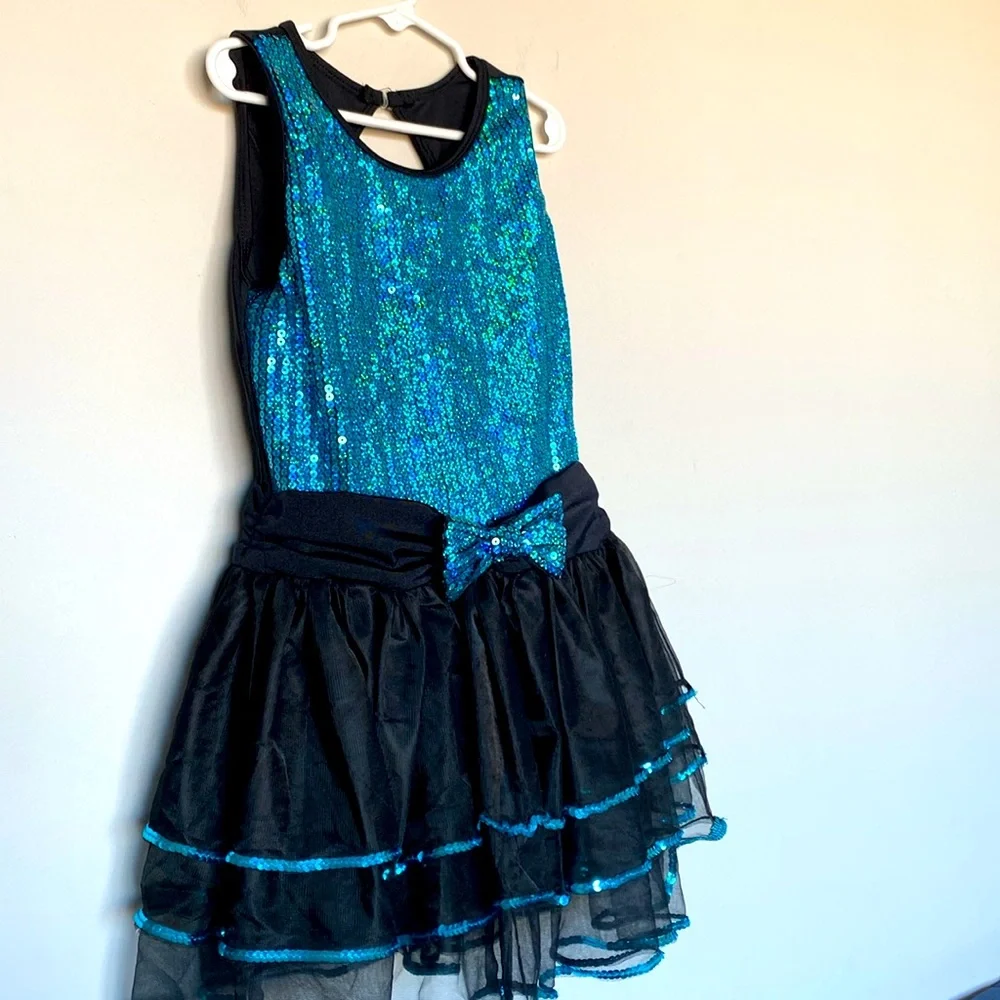 Peacock Blue Sequin Dance Costume LC – Girls Large Child Jazz Dress